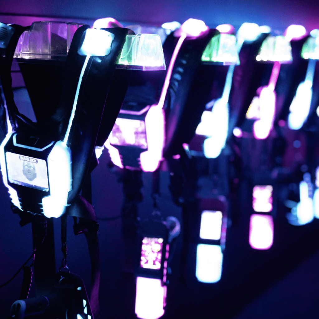 Brightly colored laser tag vests lined up.